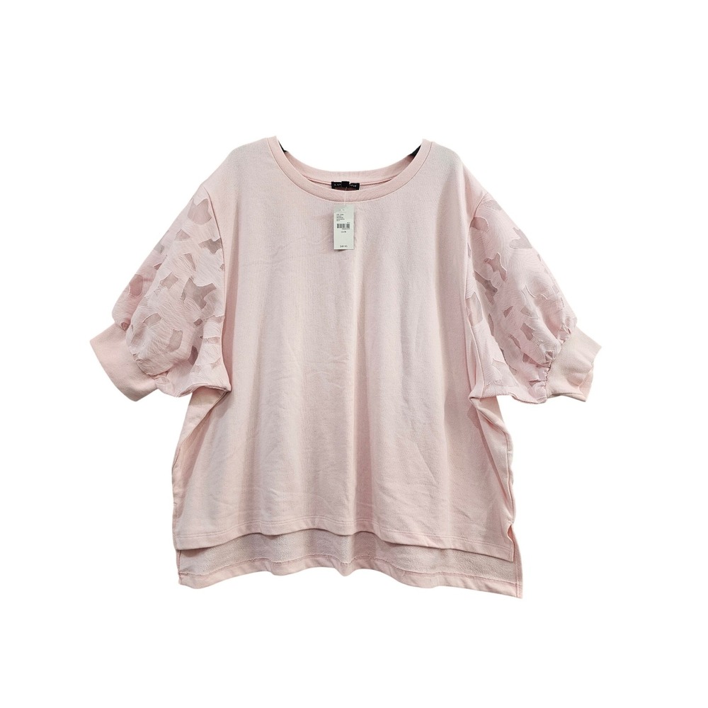 Lane Bryant Sweatshirt Womens 22/24 Pink Floral Lace Puff Sleeve High Low Hem NW